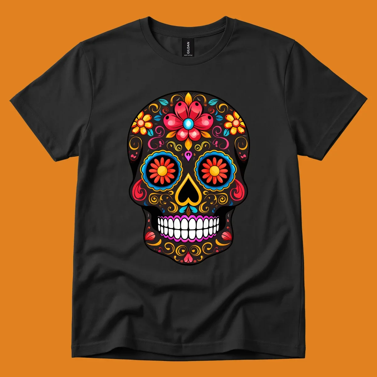 A vibrant floral calavera skull illustration, adorned with colorful flowers and intricate swirls.