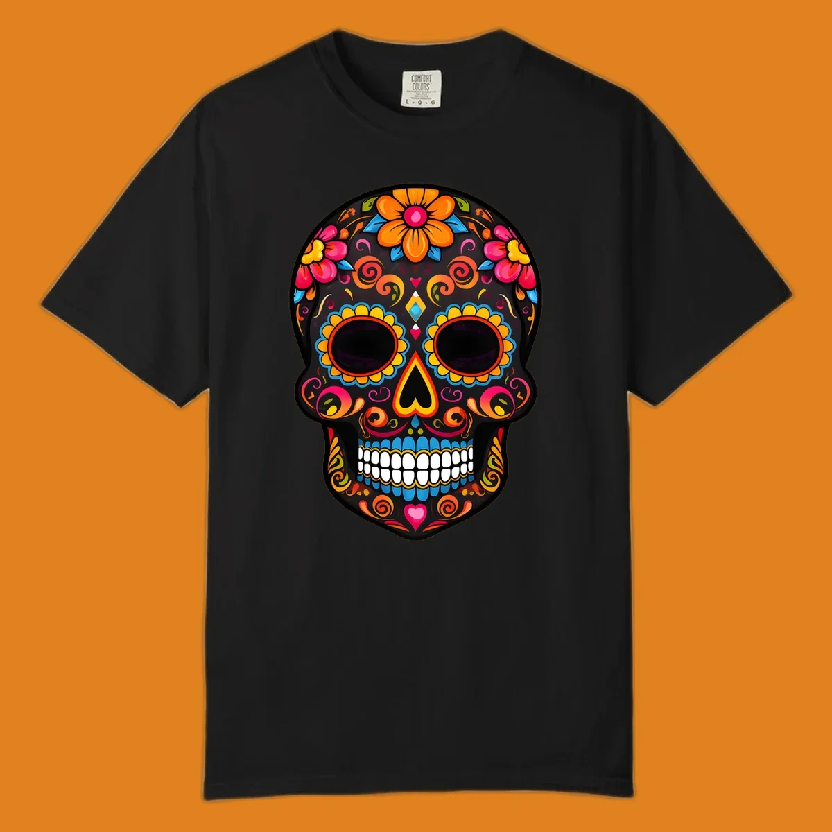 A vibrant floral calavera sugar skull design with large colorful flowers, swirls, and hearts in orange, pink, yellow, blue, and teal.