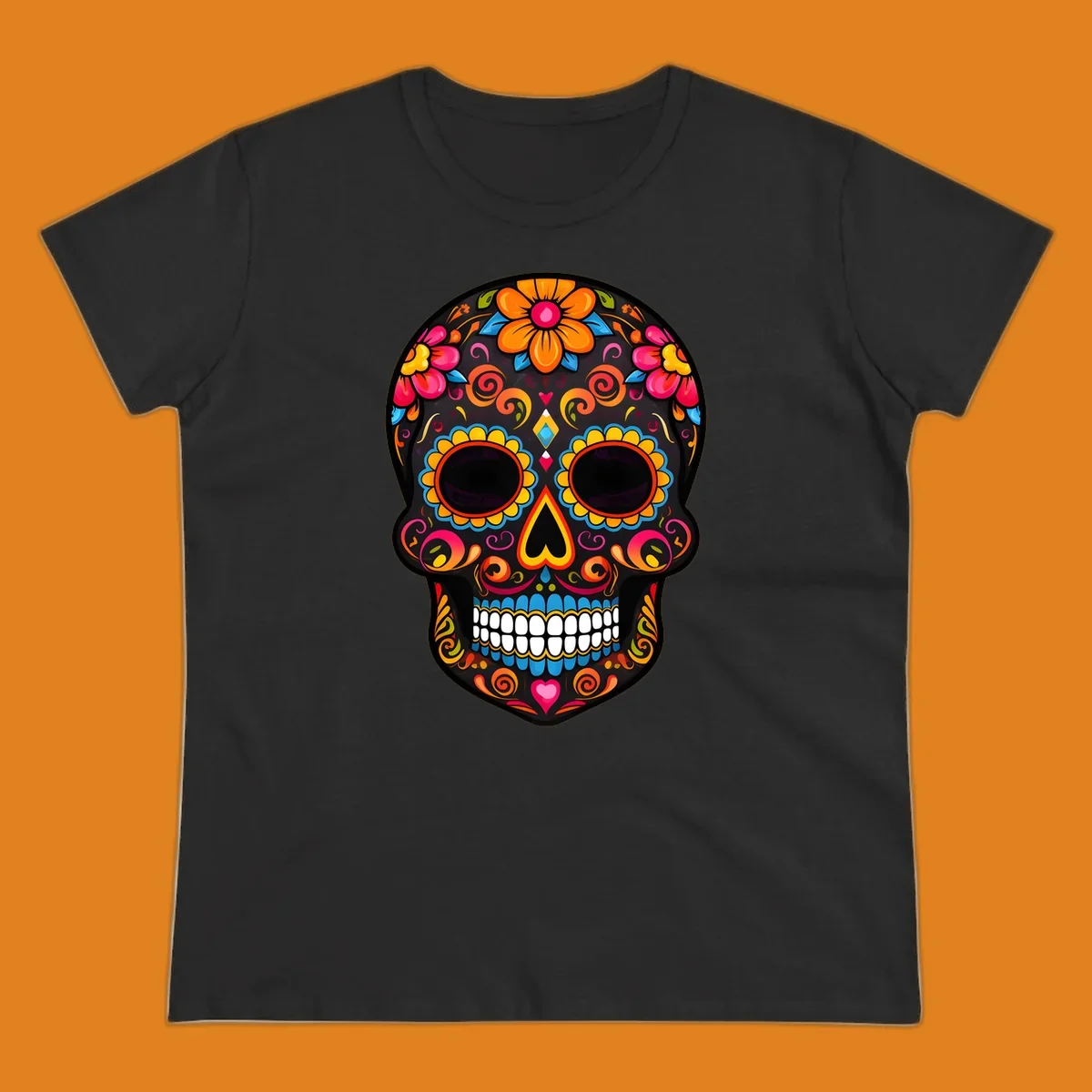 A vibrant floral calavera sugar skull design with large colorful flowers, swirls, and hearts in orange, pink, yellow, blue, and teal.