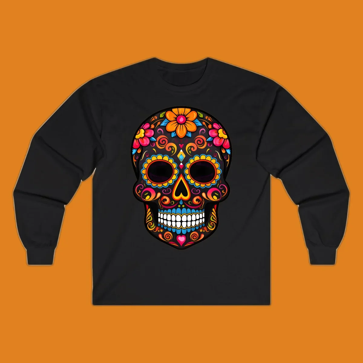 A vibrant floral calavera sugar skull design with large colorful flowers, swirls, and hearts in orange, pink, yellow, blue, and teal.