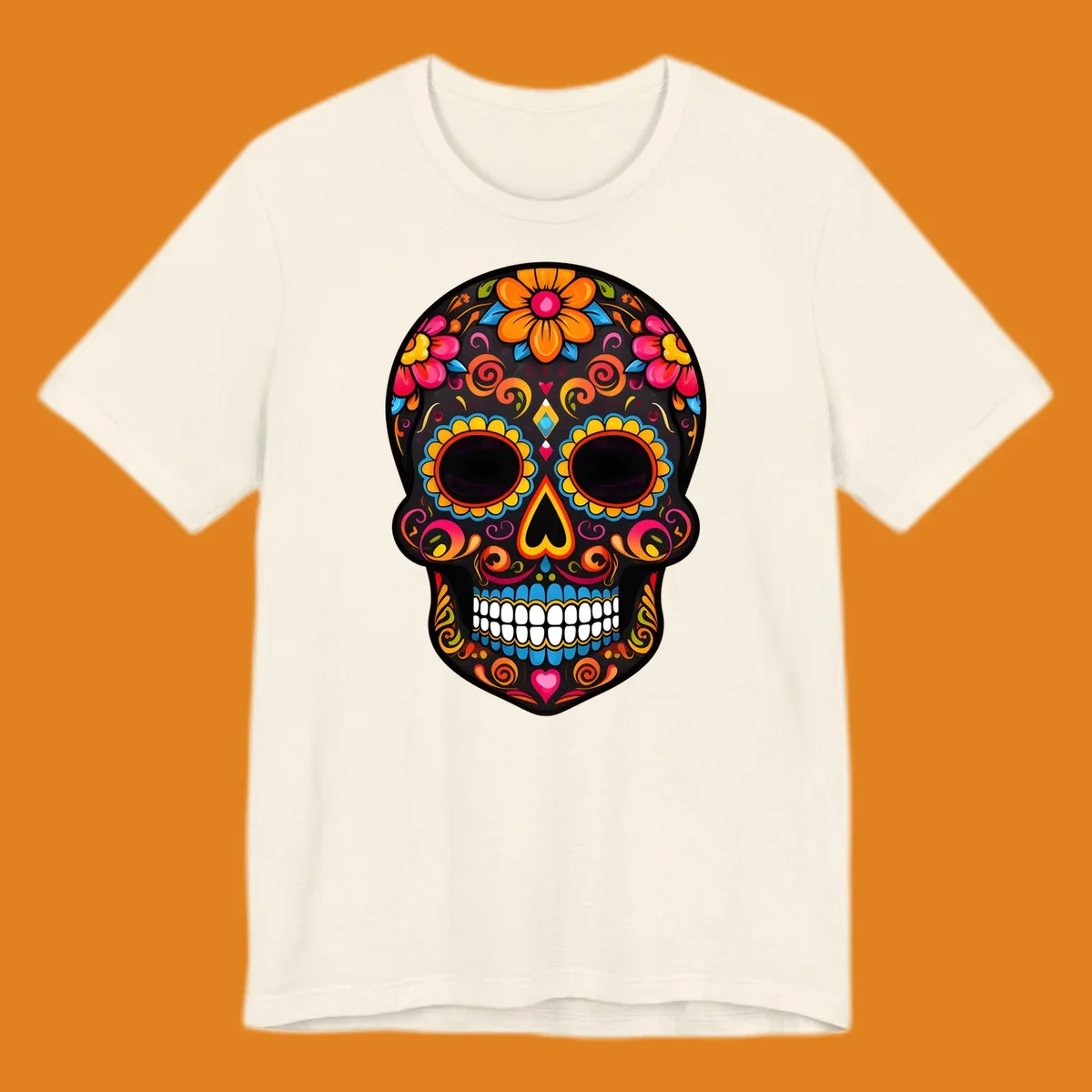 A vibrant floral calavera sugar skull design with large colorful flowers, swirls, and hearts in orange, pink, yellow, blue, and teal.