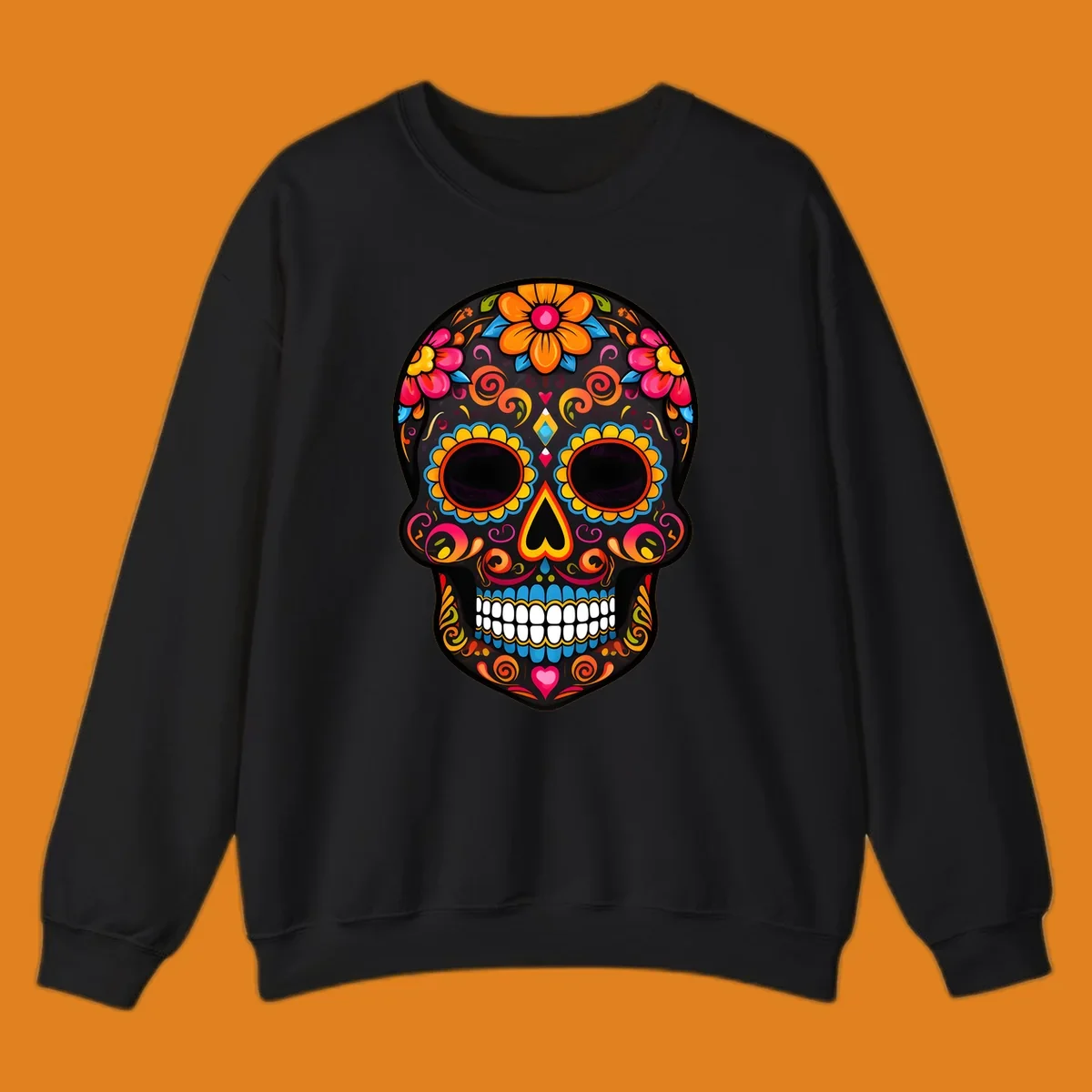 A vibrant floral calavera sugar skull design with large colorful flowers, swirls, and hearts in orange, pink, yellow, blue, and teal.