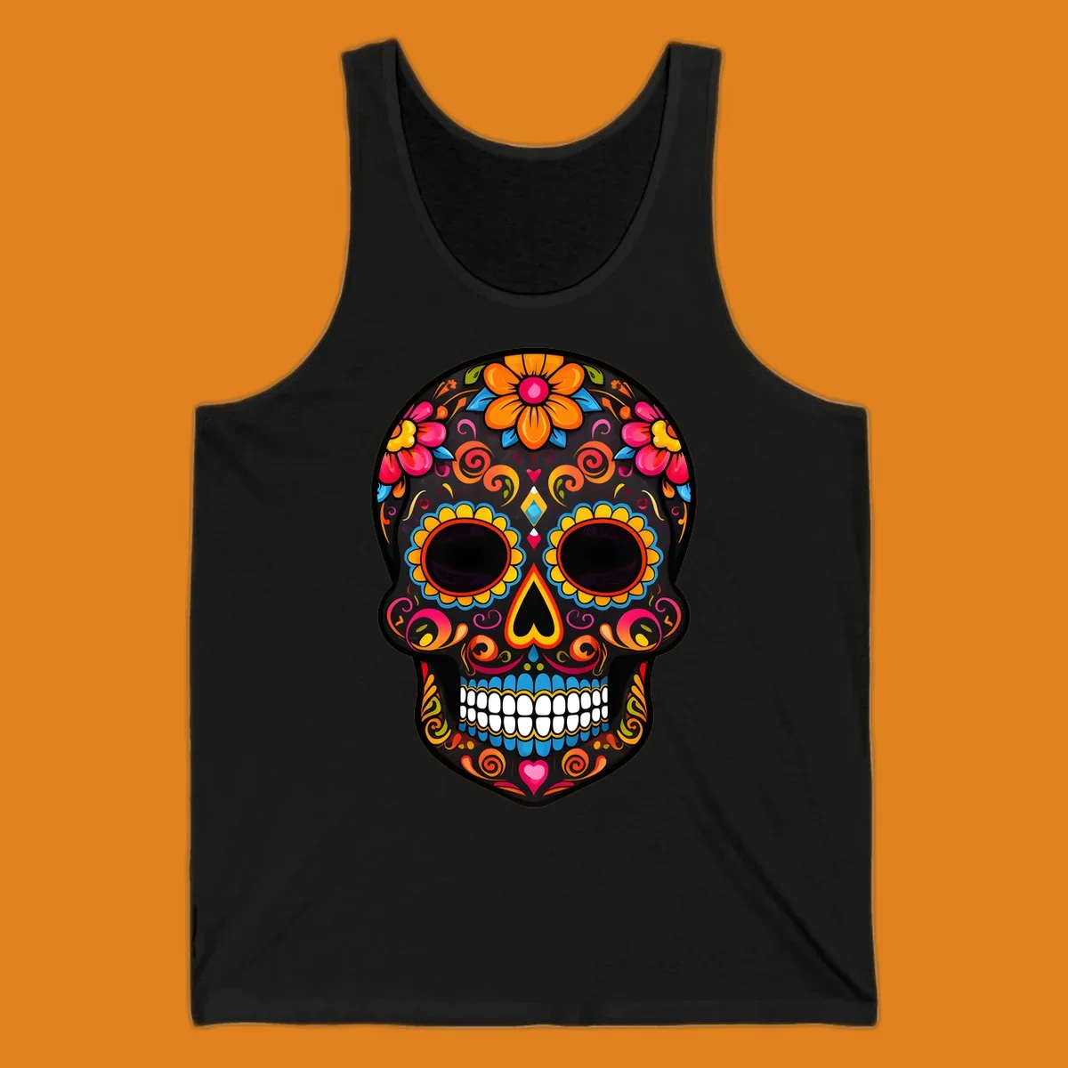 A vibrant floral calavera sugar skull design with large colorful flowers, swirls, and hearts in orange, pink, yellow, blue, and teal.