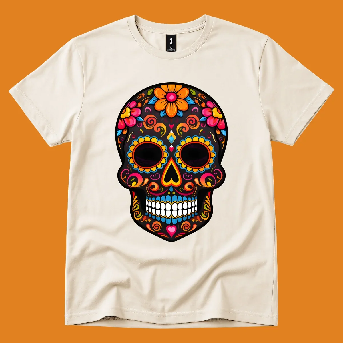 A vibrant floral calavera sugar skull design with large colorful flowers, swirls, and hearts in orange, pink, yellow, blue, and teal.