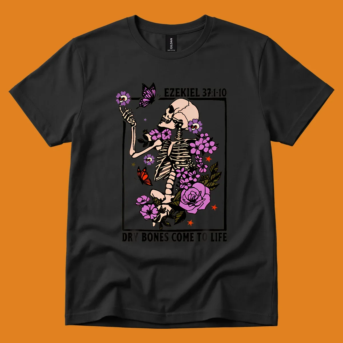 Skeleton surrounded by flowers and butterflies, with text 'Dry Bones Come to Life'.