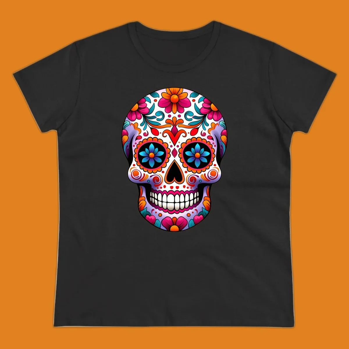 A vibrant floral sugar skull illustration, featuring a purple skull adorned with pink, orange, teal flowers and intricate patterns.