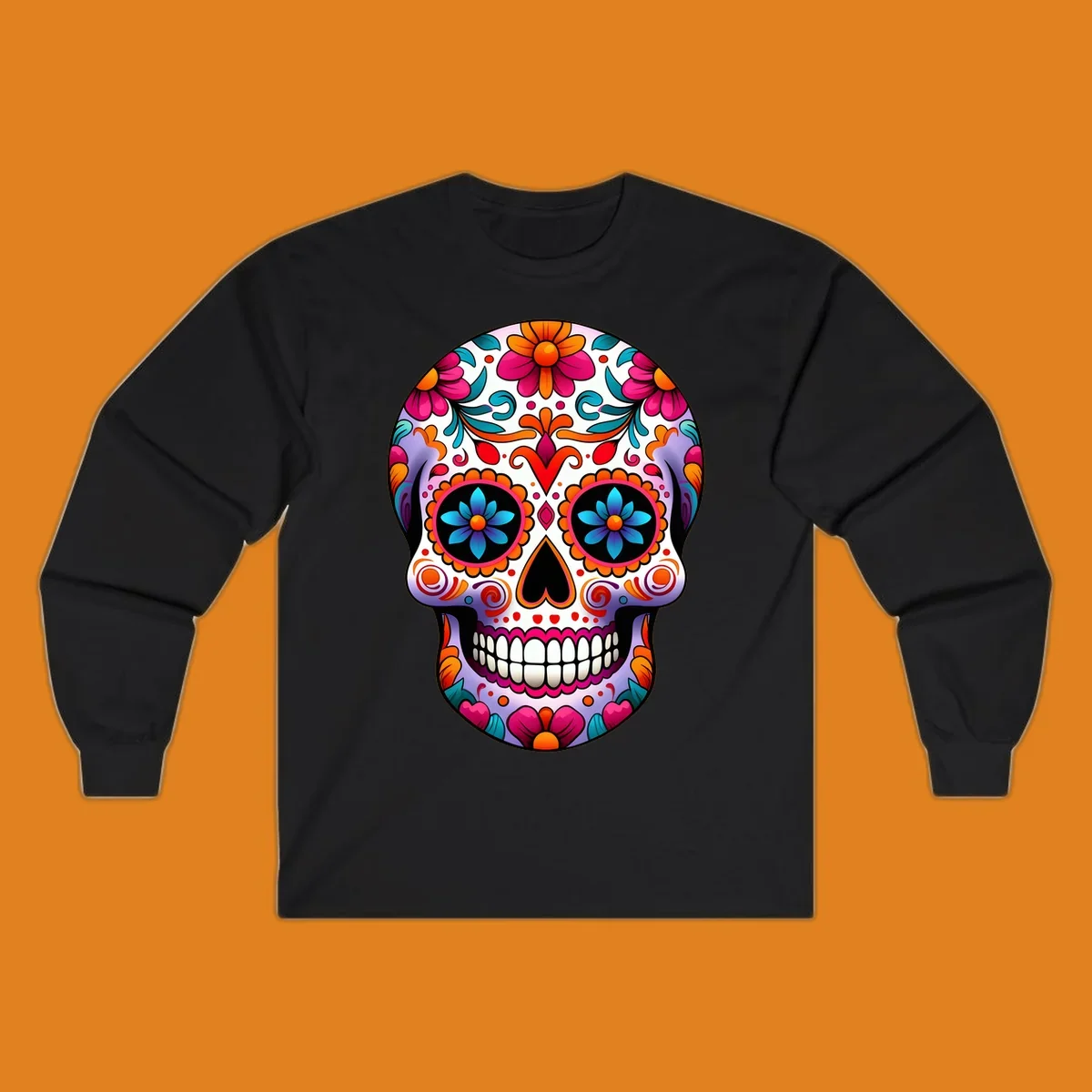 A vibrant floral sugar skull illustration, featuring a purple skull adorned with pink, orange, teal flowers and intricate patterns.