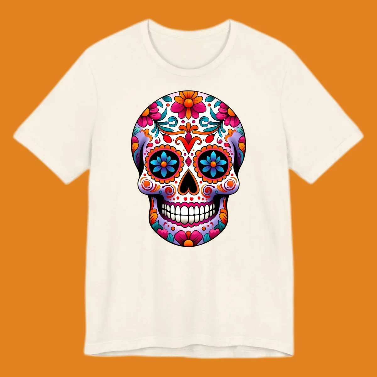 A vibrant floral sugar skull illustration, featuring a purple skull adorned with pink, orange, teal flowers and intricate patterns.