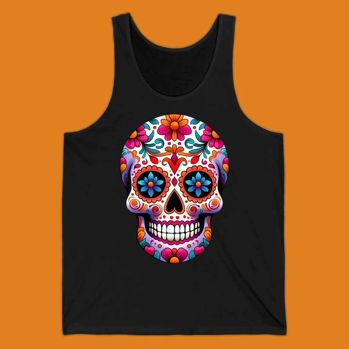 A vibrant floral sugar skull illustration, featuring a purple skull adorned with pink, orange, teal flowers and intricate patterns.