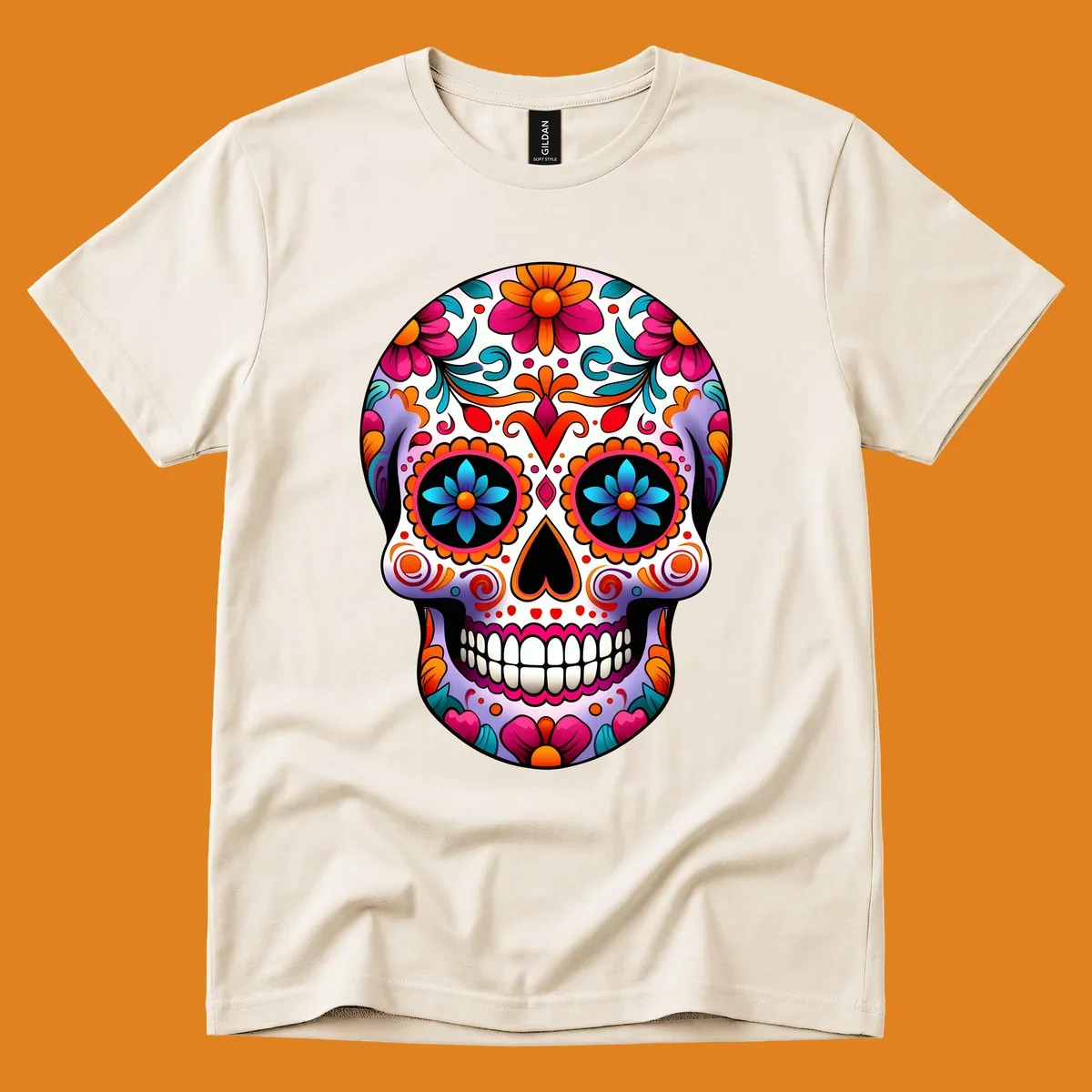 A vibrant floral sugar skull illustration, featuring a purple skull adorned with pink, orange, teal flowers and intricate patterns.
