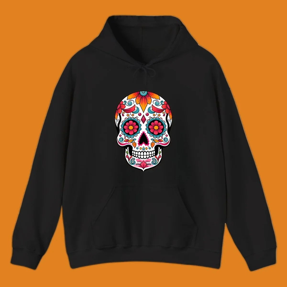 A vibrantly decorated floral sugar skull, or calavera, featuring colorful flowers, swirls, and dotted patterns on a white background.