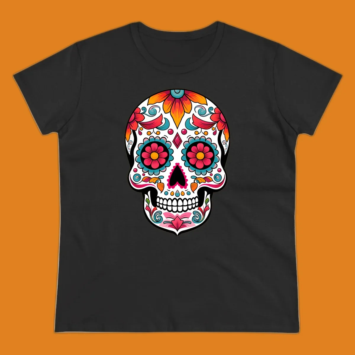 A vibrantly decorated floral sugar skull, or calavera, featuring colorful flowers, swirls, and dotted patterns on a white background.