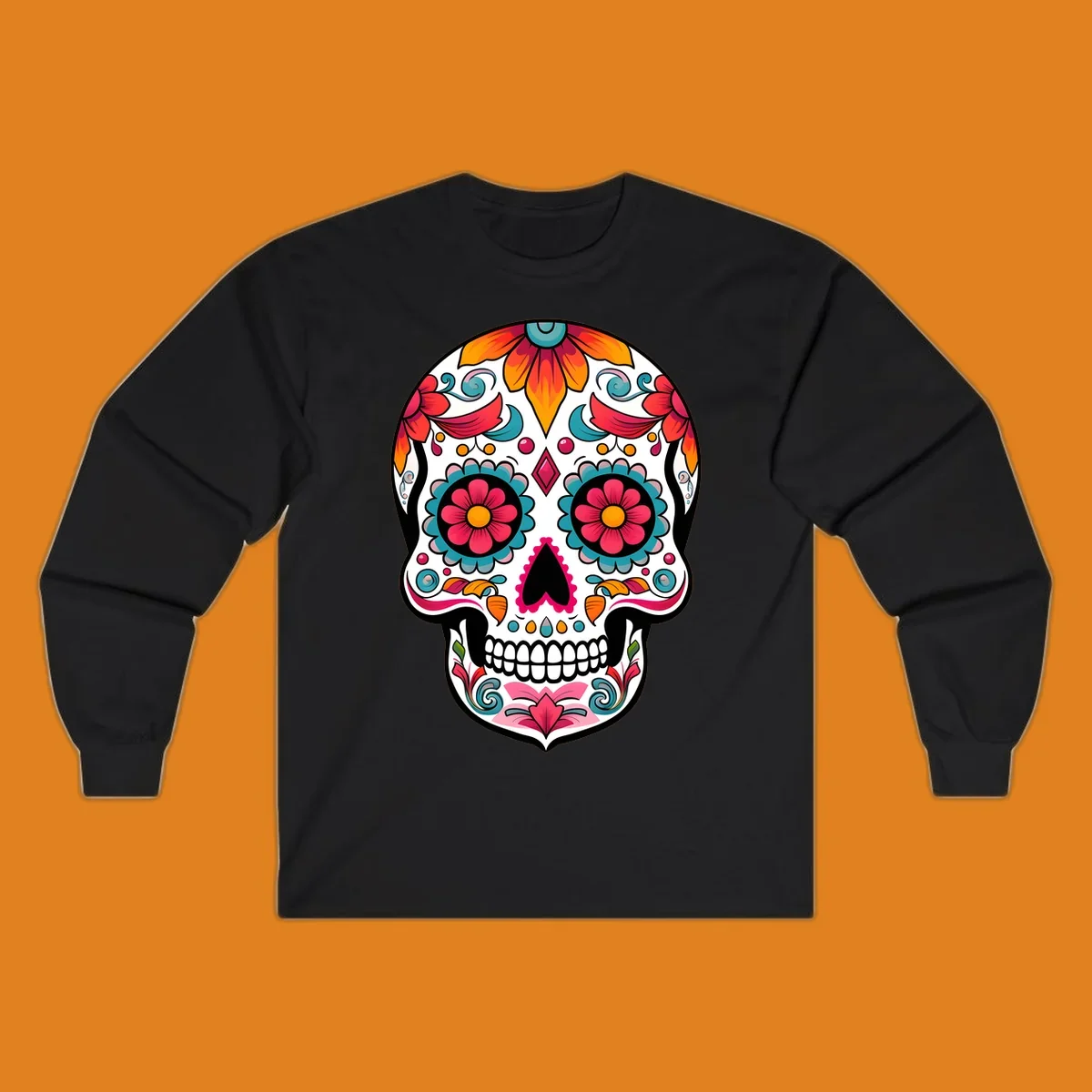 A vibrantly decorated floral sugar skull, or calavera, featuring colorful flowers, swirls, and dotted patterns on a white background.
