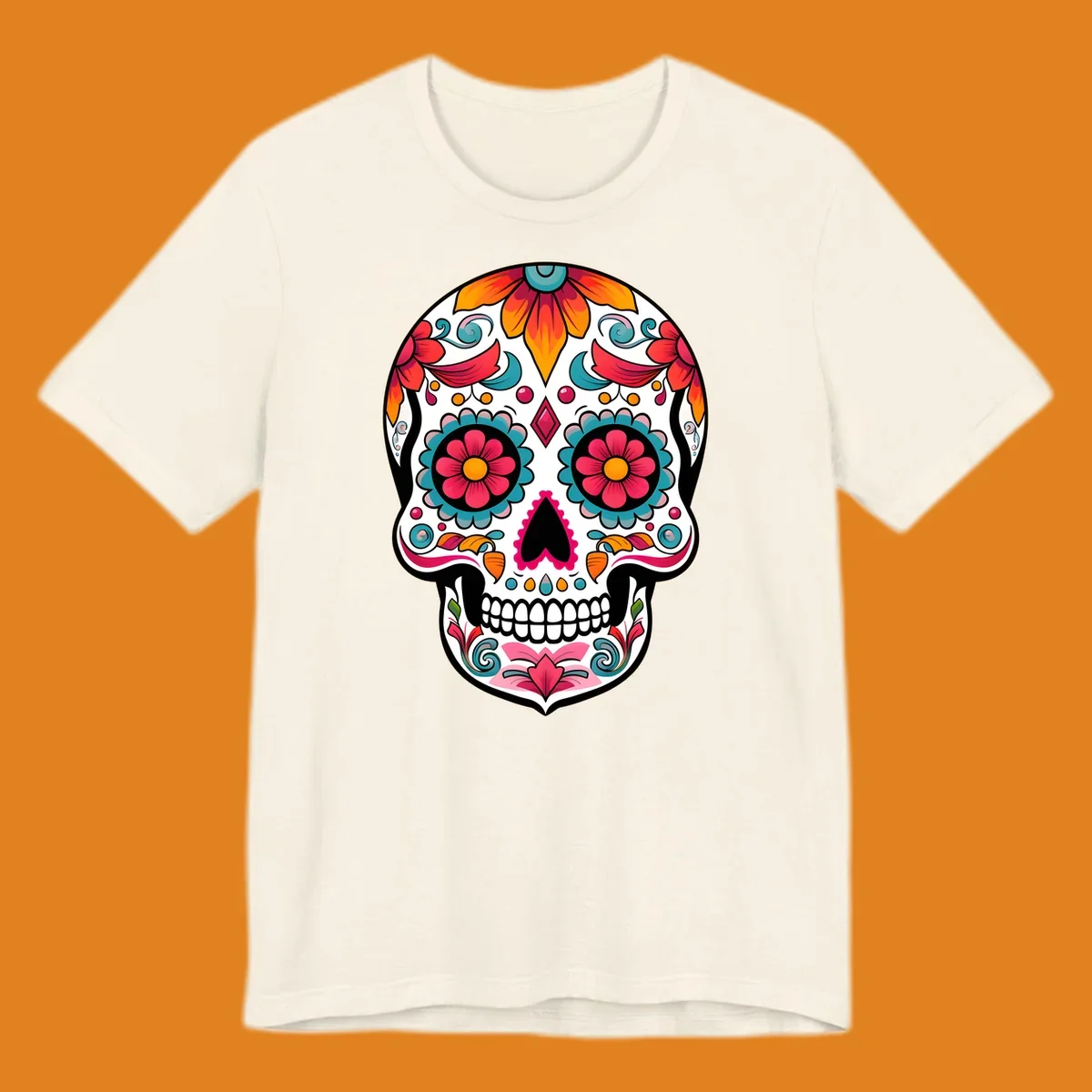A vibrantly decorated floral sugar skull, or calavera, featuring colorful flowers, swirls, and dotted patterns on a white background.