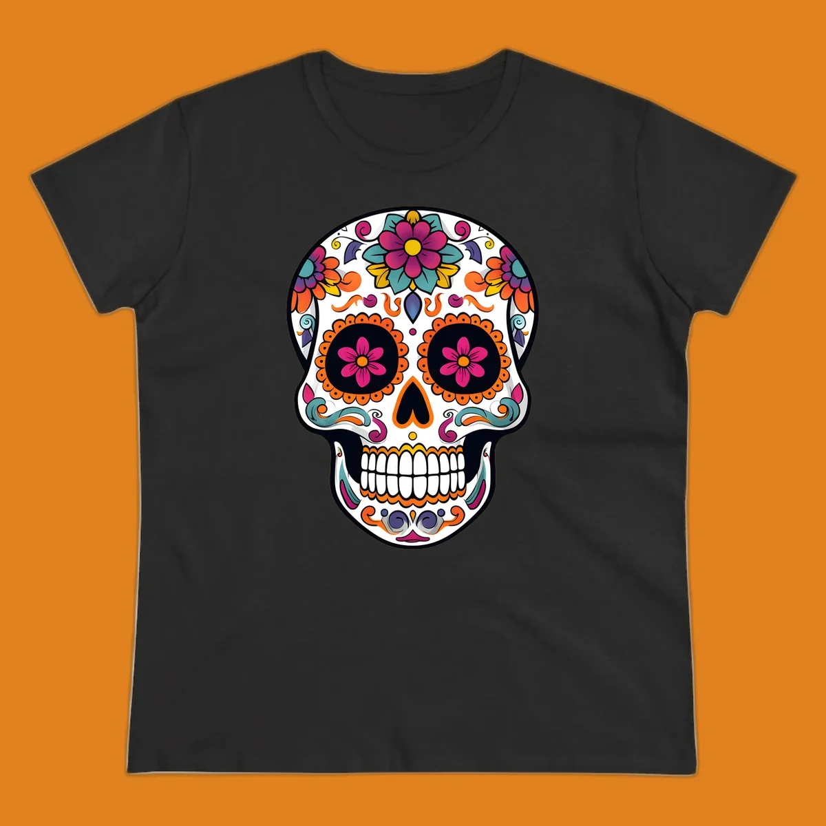 A vibrant floral sugar skull (calavera) illustration with pink and orange flowers, teal leaves, and purple accents.