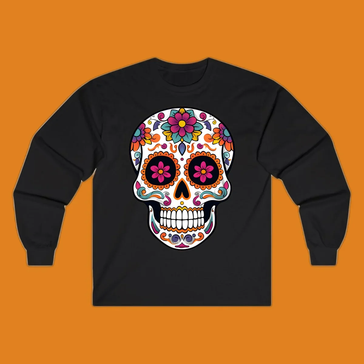 A vibrant floral sugar skull (calavera) illustration with pink and orange flowers, teal leaves, and purple accents.