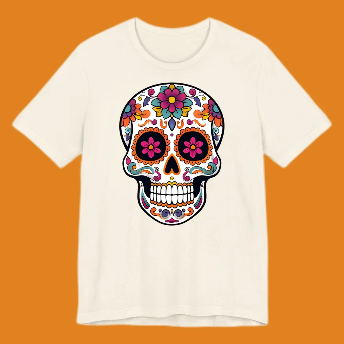 A vibrant floral sugar skull (calavera) illustration with pink and orange flowers, teal leaves, and purple accents.