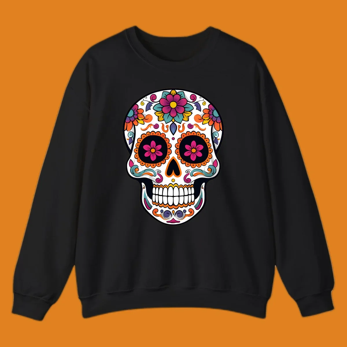 A vibrant floral sugar skull (calavera) illustration with pink and orange flowers, teal leaves, and purple accents.