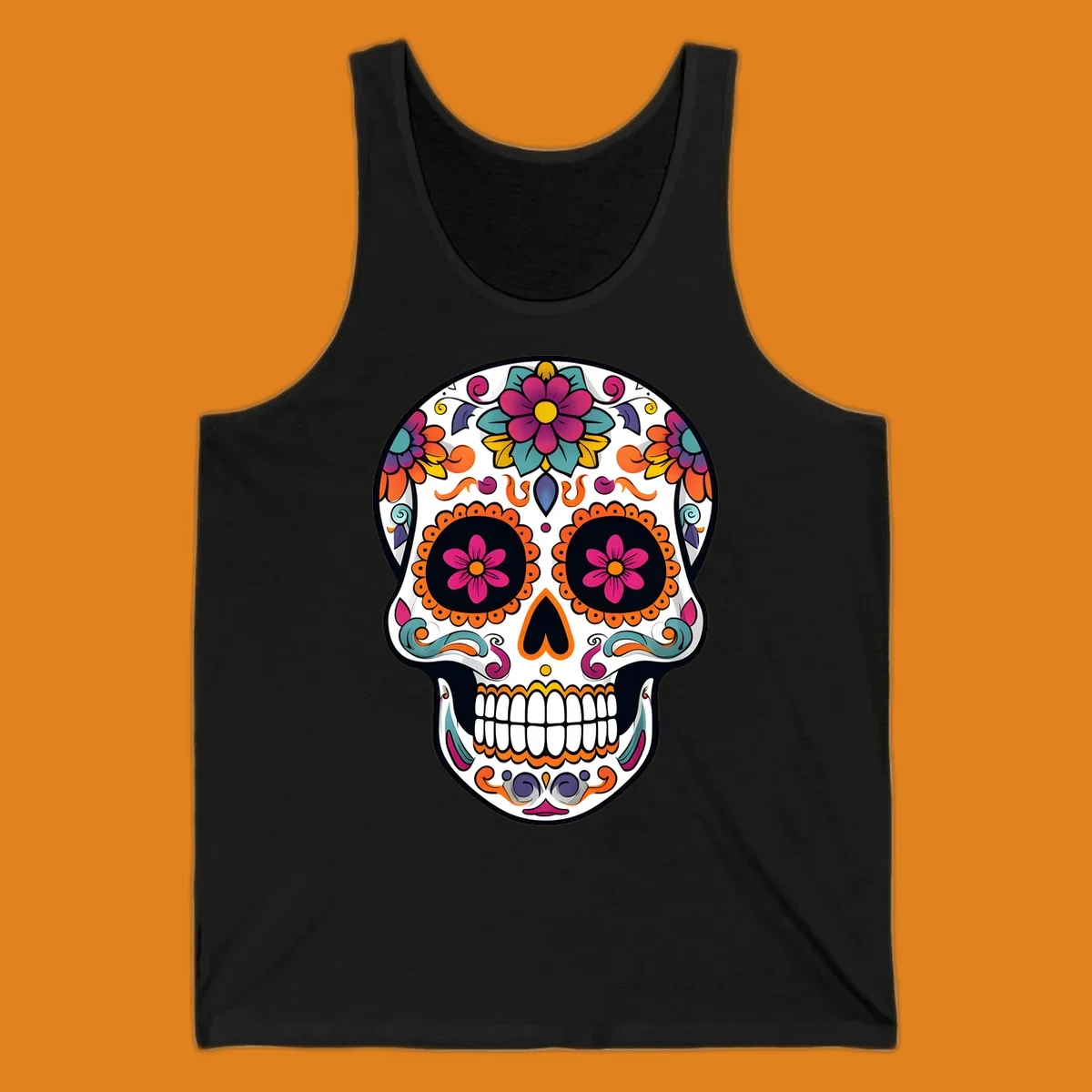 A vibrant floral sugar skull (calavera) illustration with pink and orange flowers, teal leaves, and purple accents.