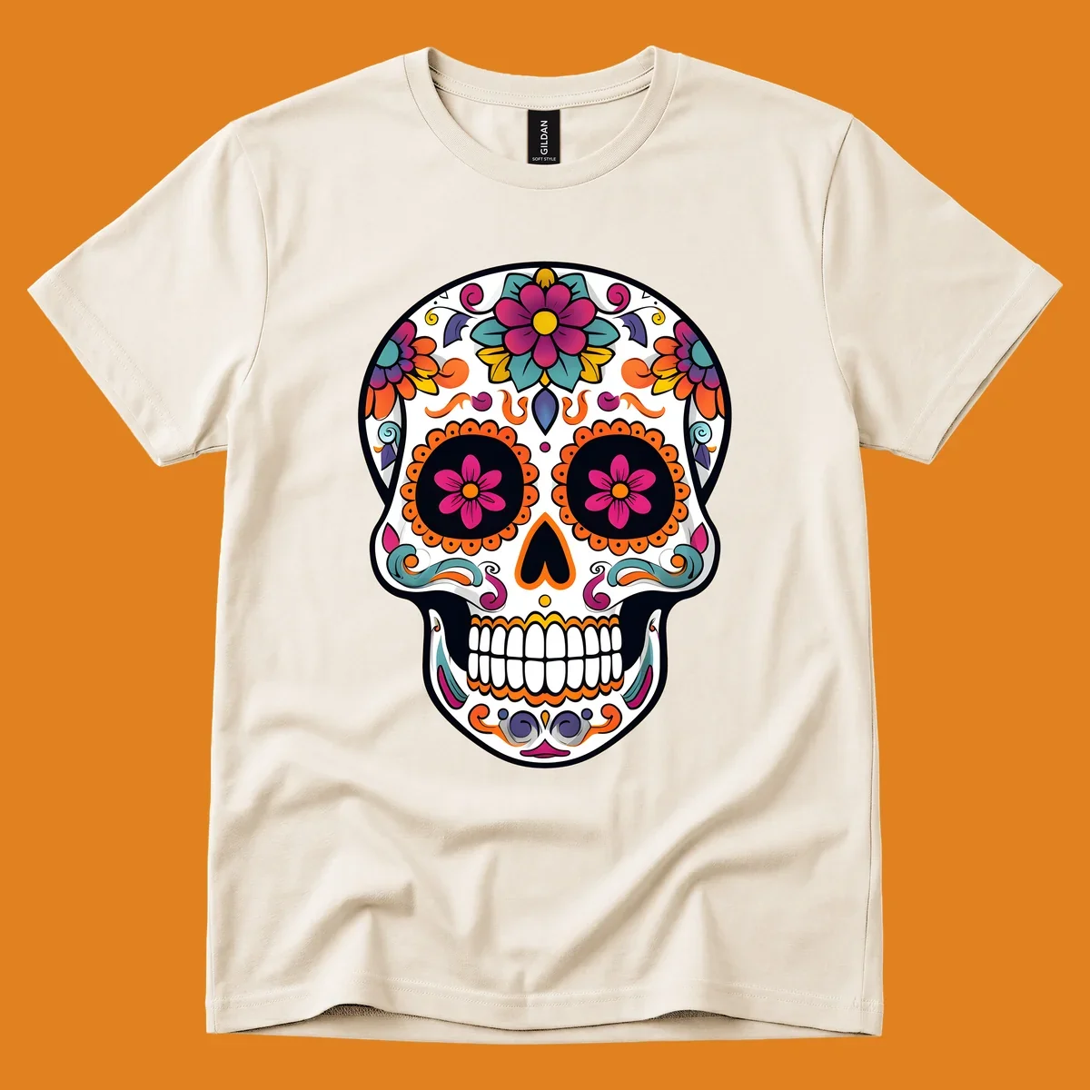 A vibrant floral sugar skull (calavera) illustration with pink and orange flowers, teal leaves, and purple accents.