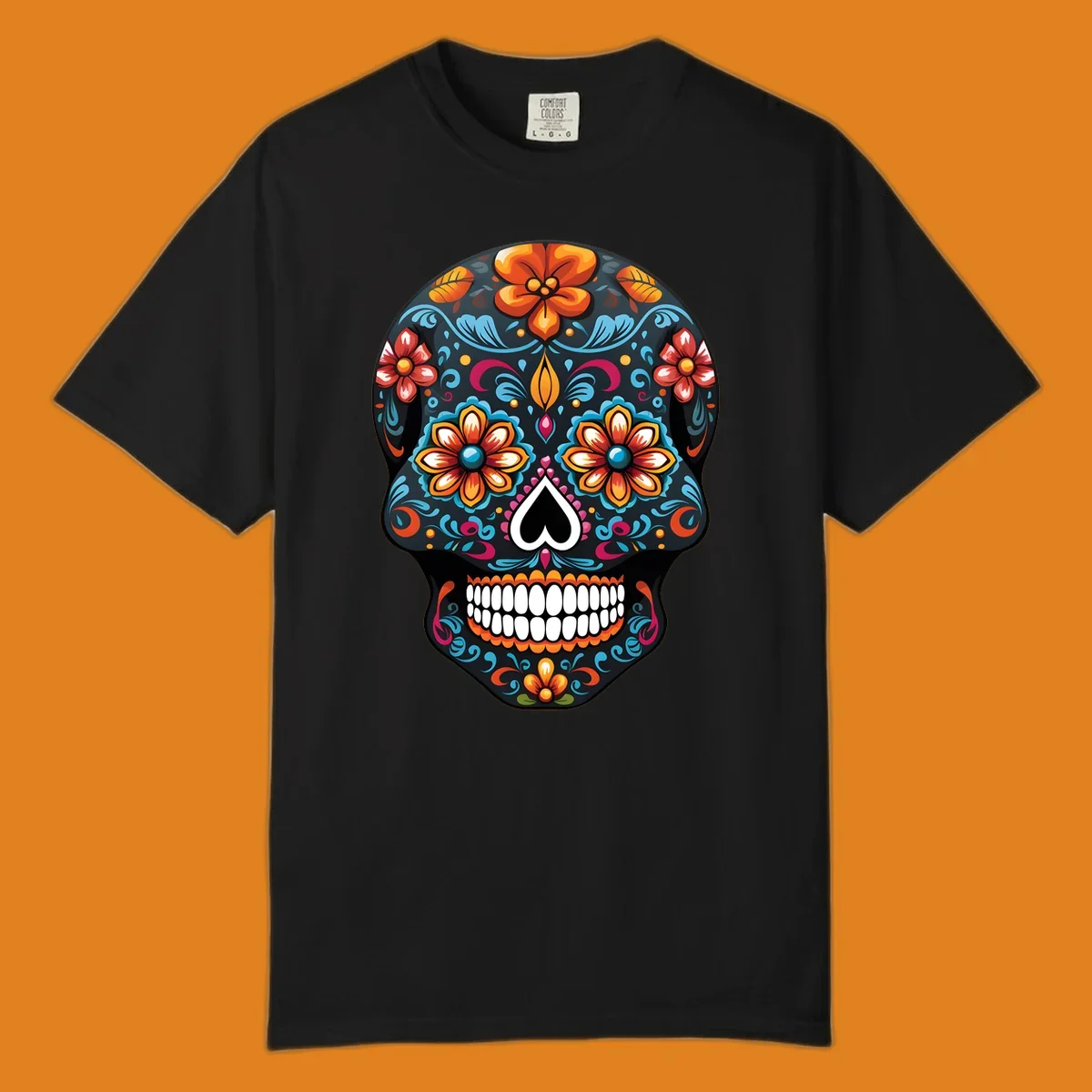 A vibrant calavera sugar skull with intricate floral patterns in orange, blue, red, and yellow, set on a black background.