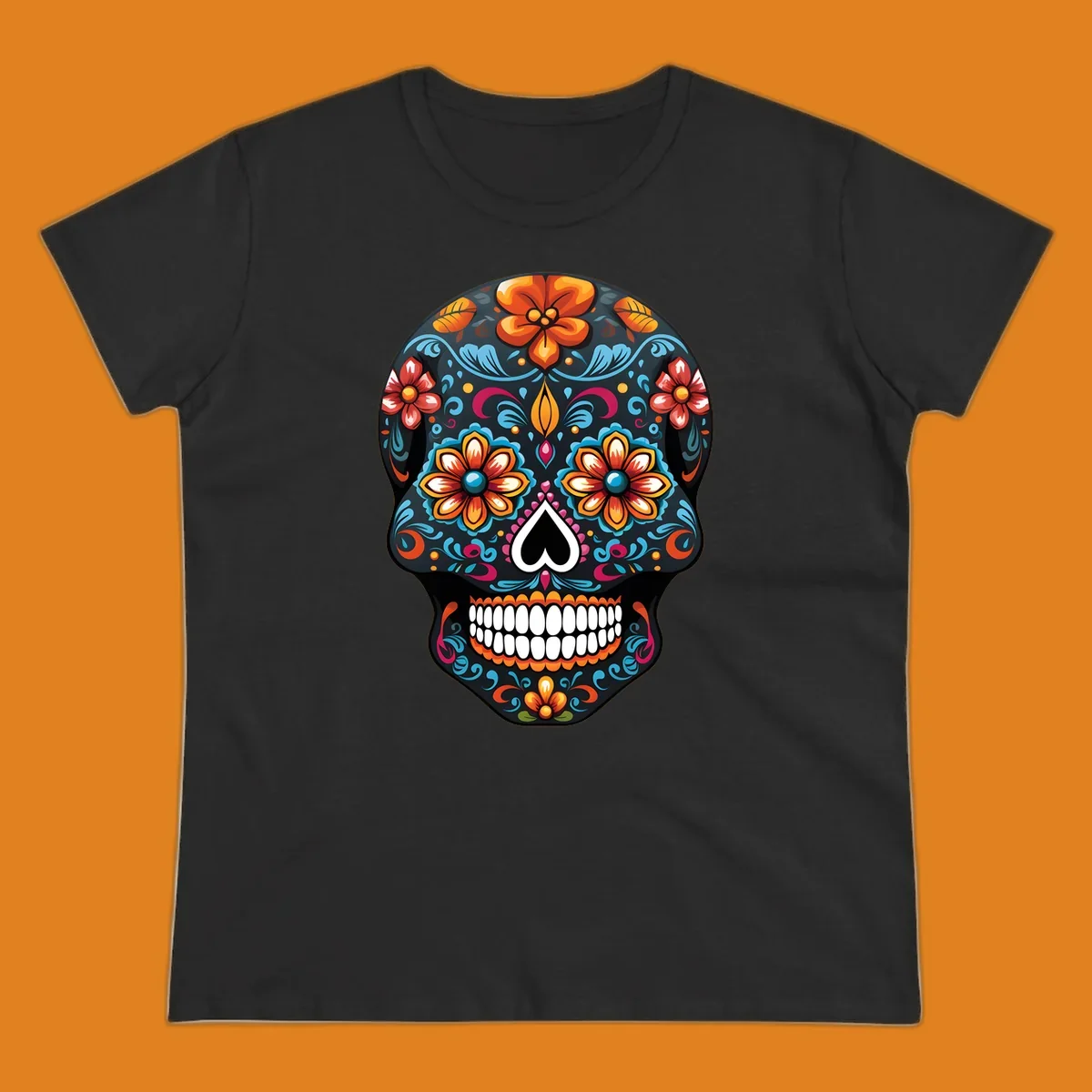 A vibrant calavera sugar skull with intricate floral patterns in orange, blue, red, and yellow, set on a black background.