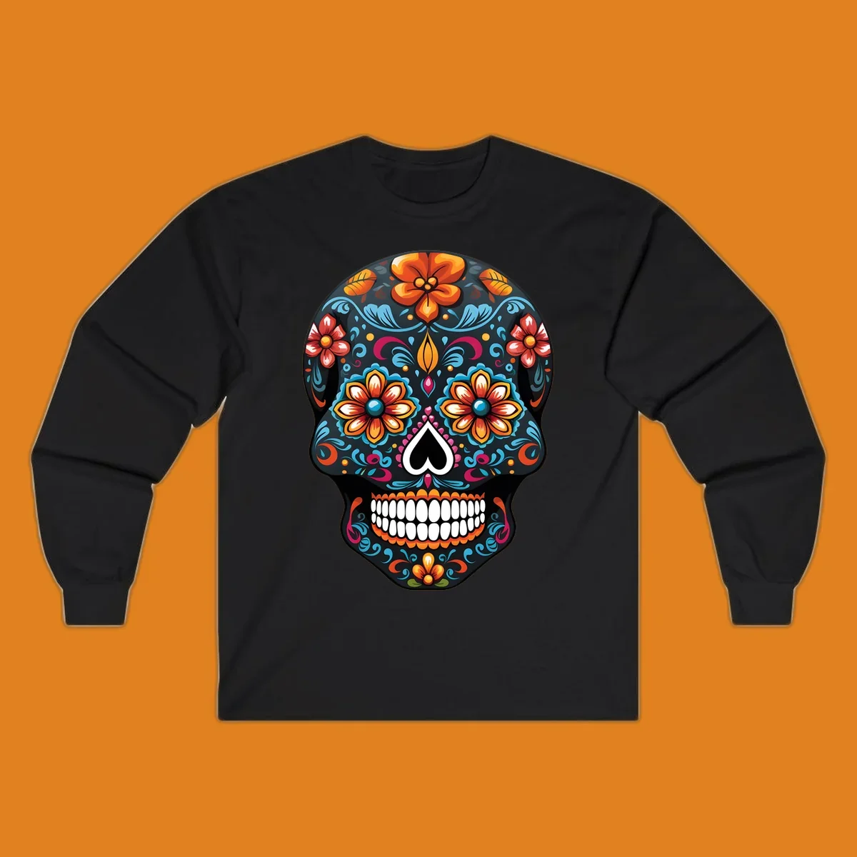 A vibrant calavera sugar skull with intricate floral patterns in orange, blue, red, and yellow, set on a black background.