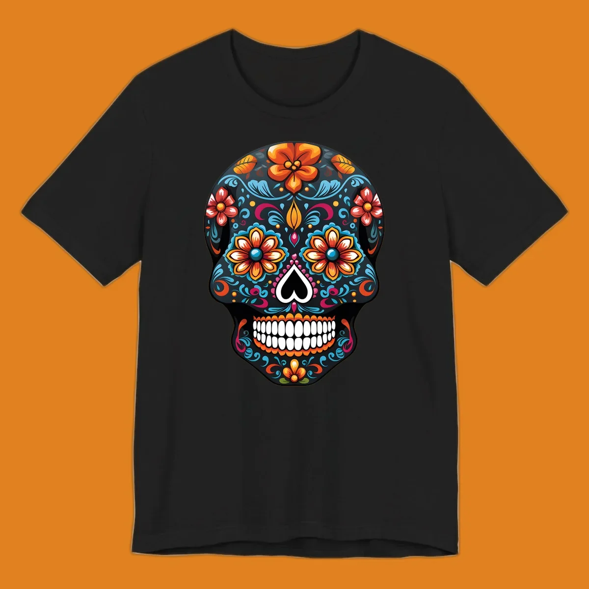 A vibrant calavera sugar skull with intricate floral patterns in orange, blue, red, and yellow, set on a black background.