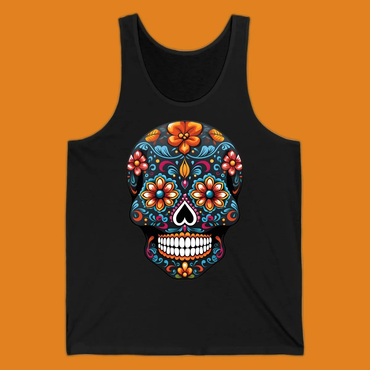 A vibrant calavera sugar skull with intricate floral patterns in orange, blue, red, and yellow, set on a black background.
