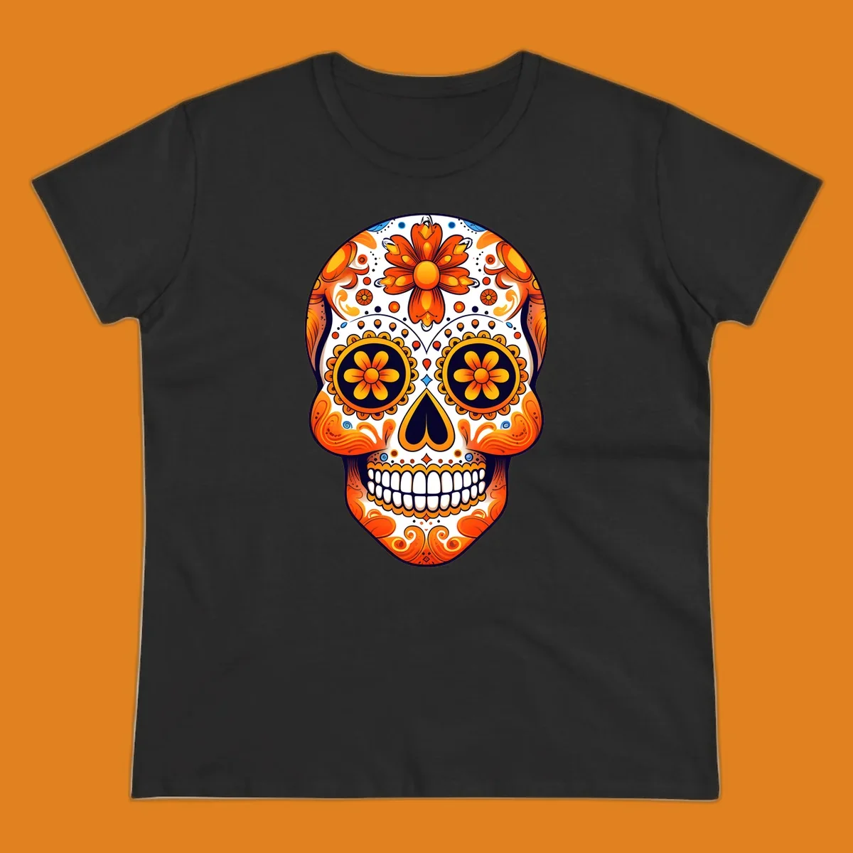 A vibrant marigold calavera skull illustration with orange flowers, white base, and navy accents.
