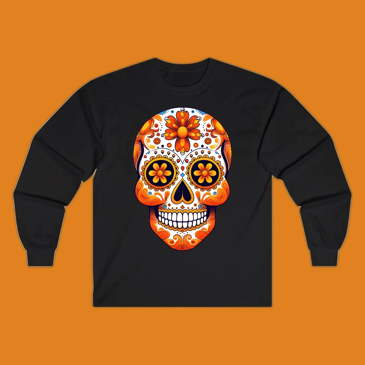 A vibrant marigold calavera skull illustration with orange flowers, white base, and navy accents.