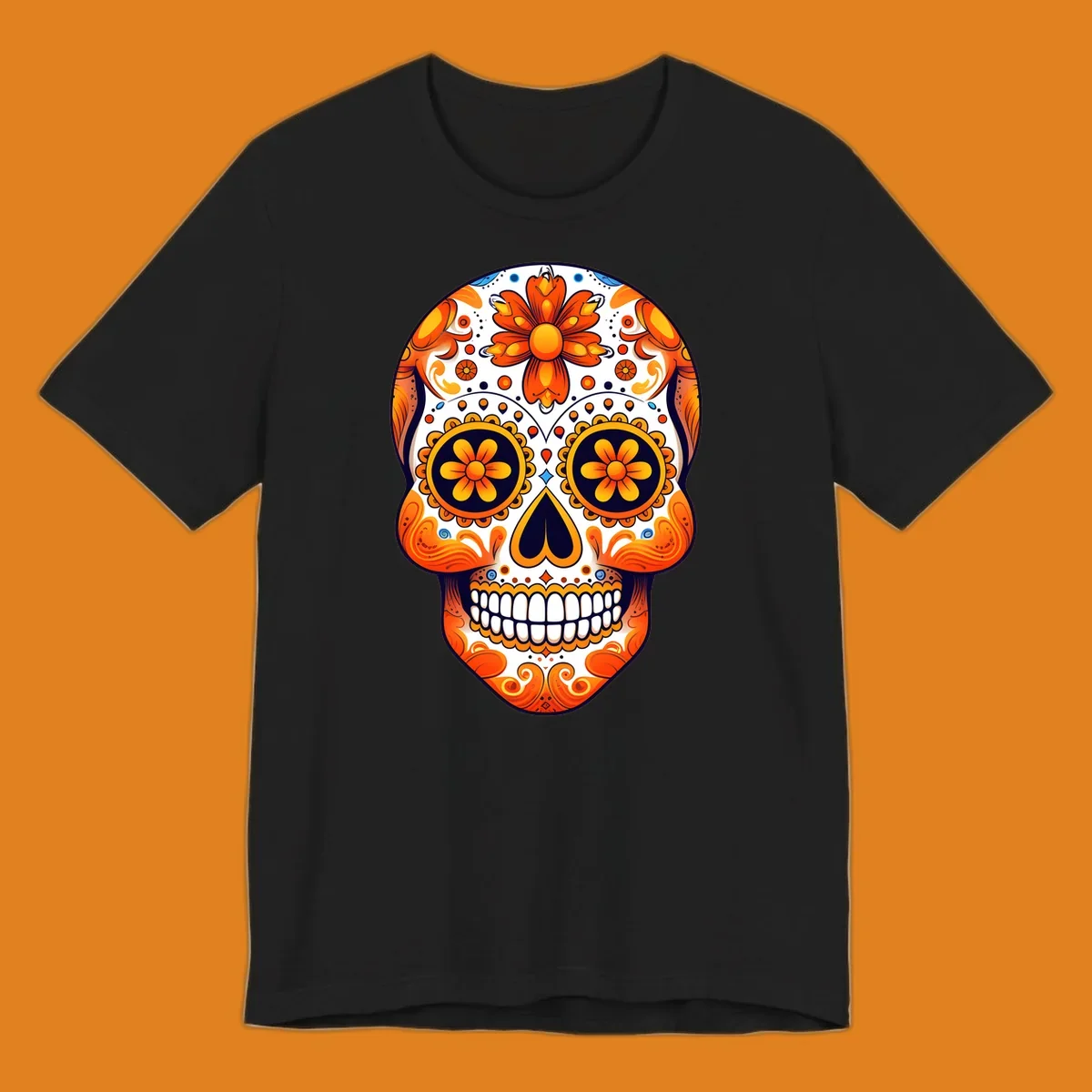 A vibrant marigold calavera skull illustration with orange flowers, white base, and navy accents.
