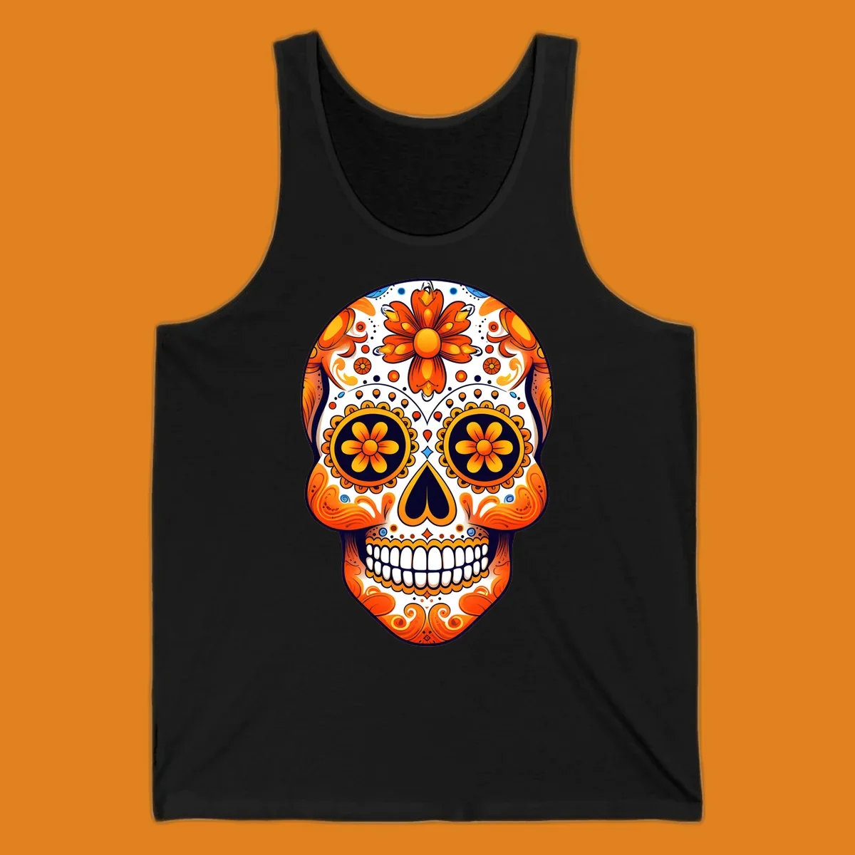 A vibrant marigold calavera skull illustration with orange flowers, white base, and navy accents.