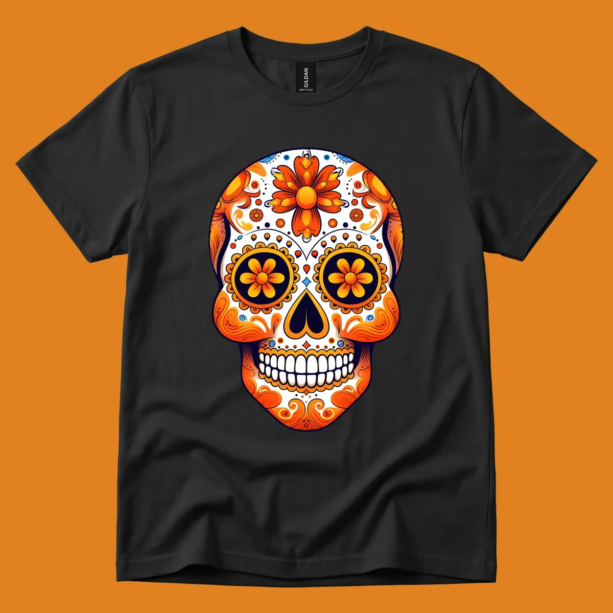 A vibrant marigold calavera skull illustration with orange flowers, white base, and navy accents.