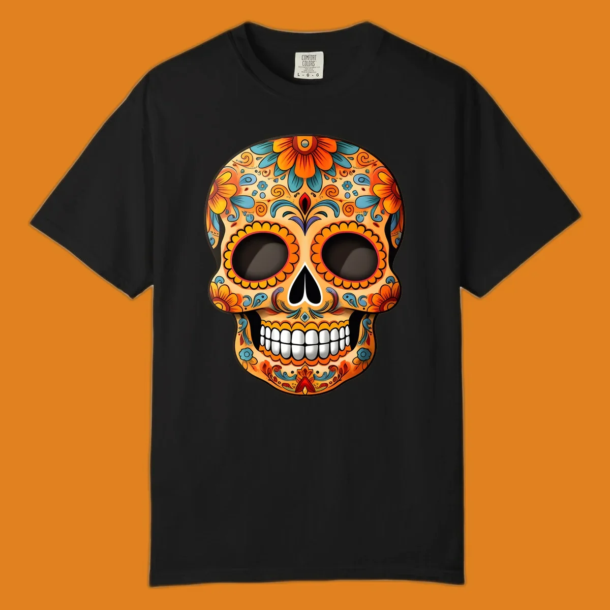 A vibrant floral calavera skull illustration, intricately decorated with orange, yellow, blue, red, and purple patterns.