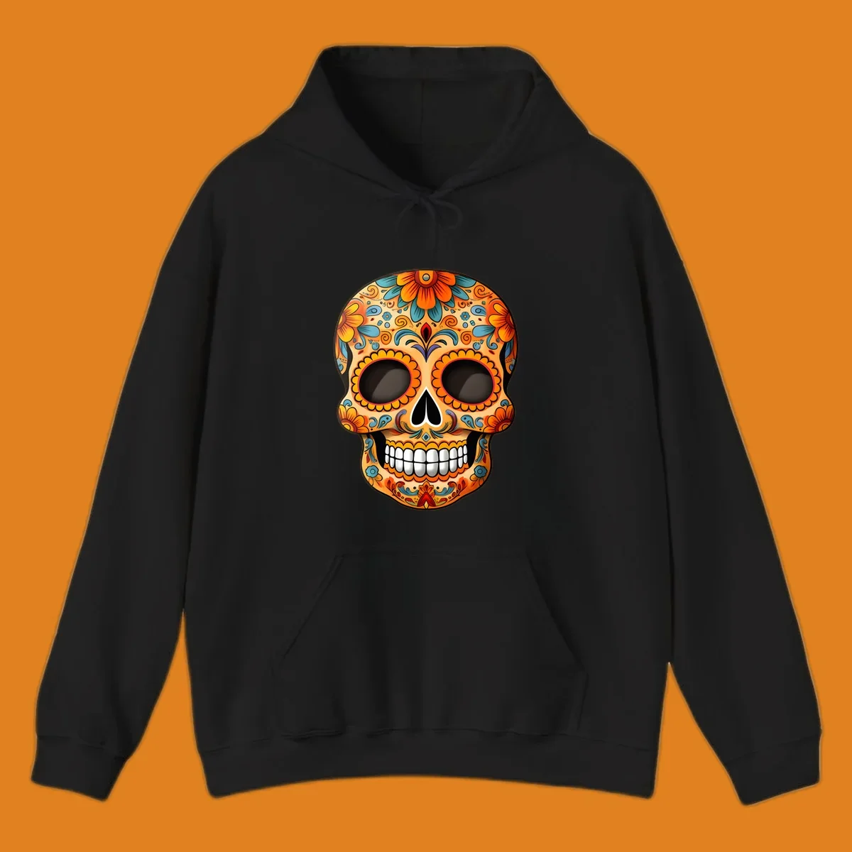 A vibrant floral calavera skull illustration, intricately decorated with orange, yellow, blue, red, and purple patterns.