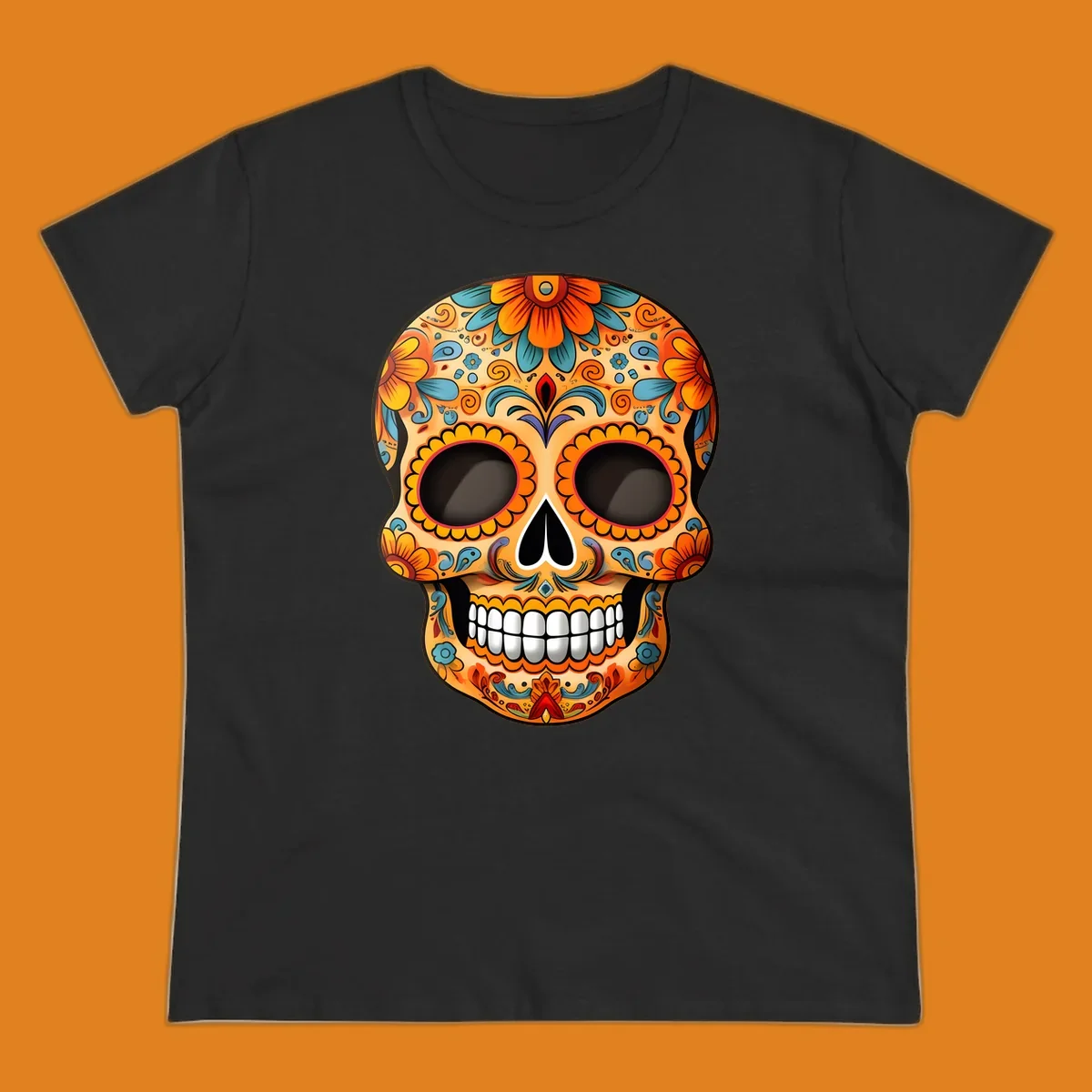 A vibrant floral calavera skull illustration, intricately decorated with orange, yellow, blue, red, and purple patterns.