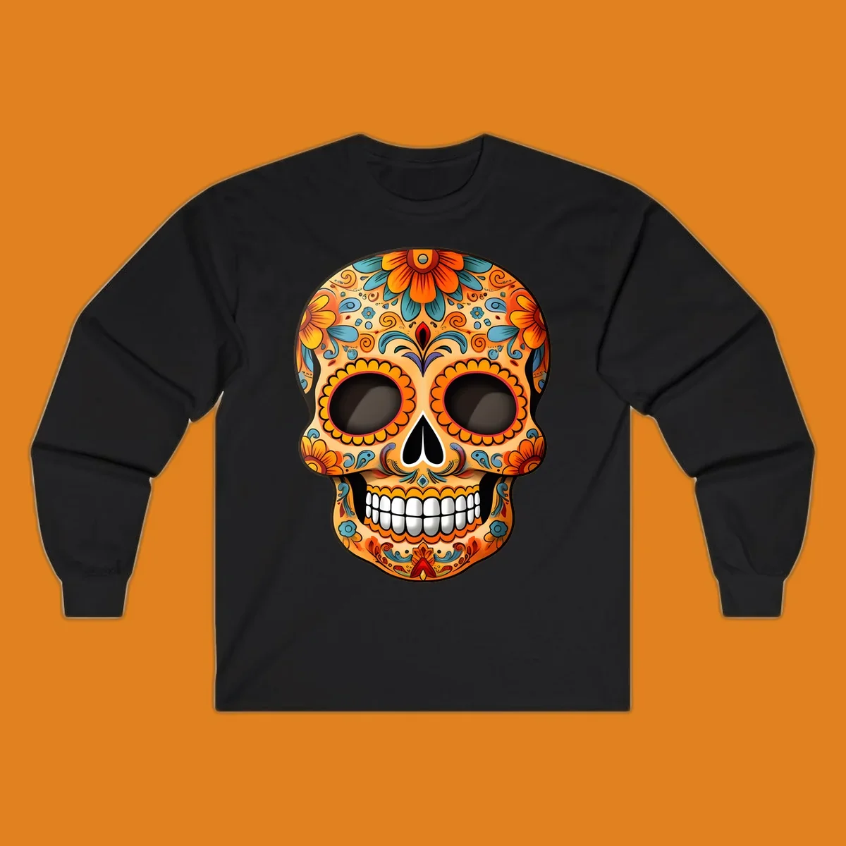 A vibrant floral calavera skull illustration, intricately decorated with orange, yellow, blue, red, and purple patterns.