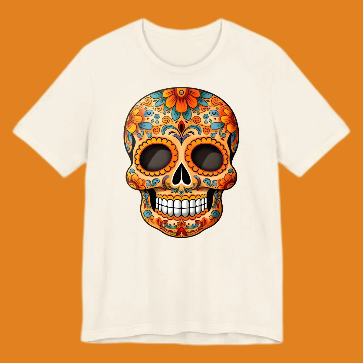 A vibrant floral calavera skull illustration, intricately decorated with orange, yellow, blue, red, and purple patterns.