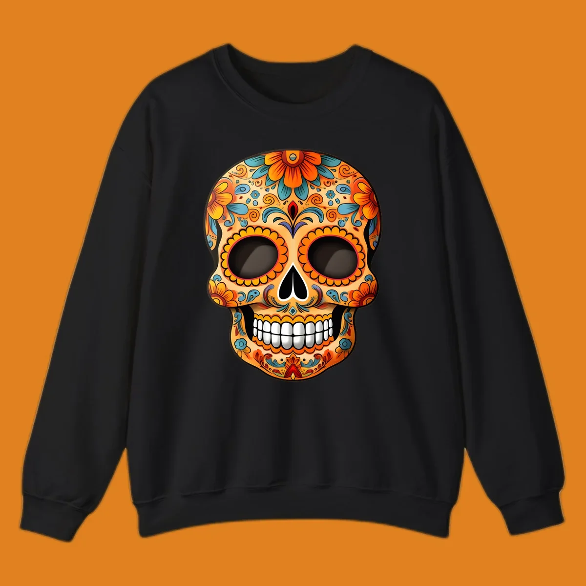 A vibrant floral calavera skull illustration, intricately decorated with orange, yellow, blue, red, and purple patterns.
