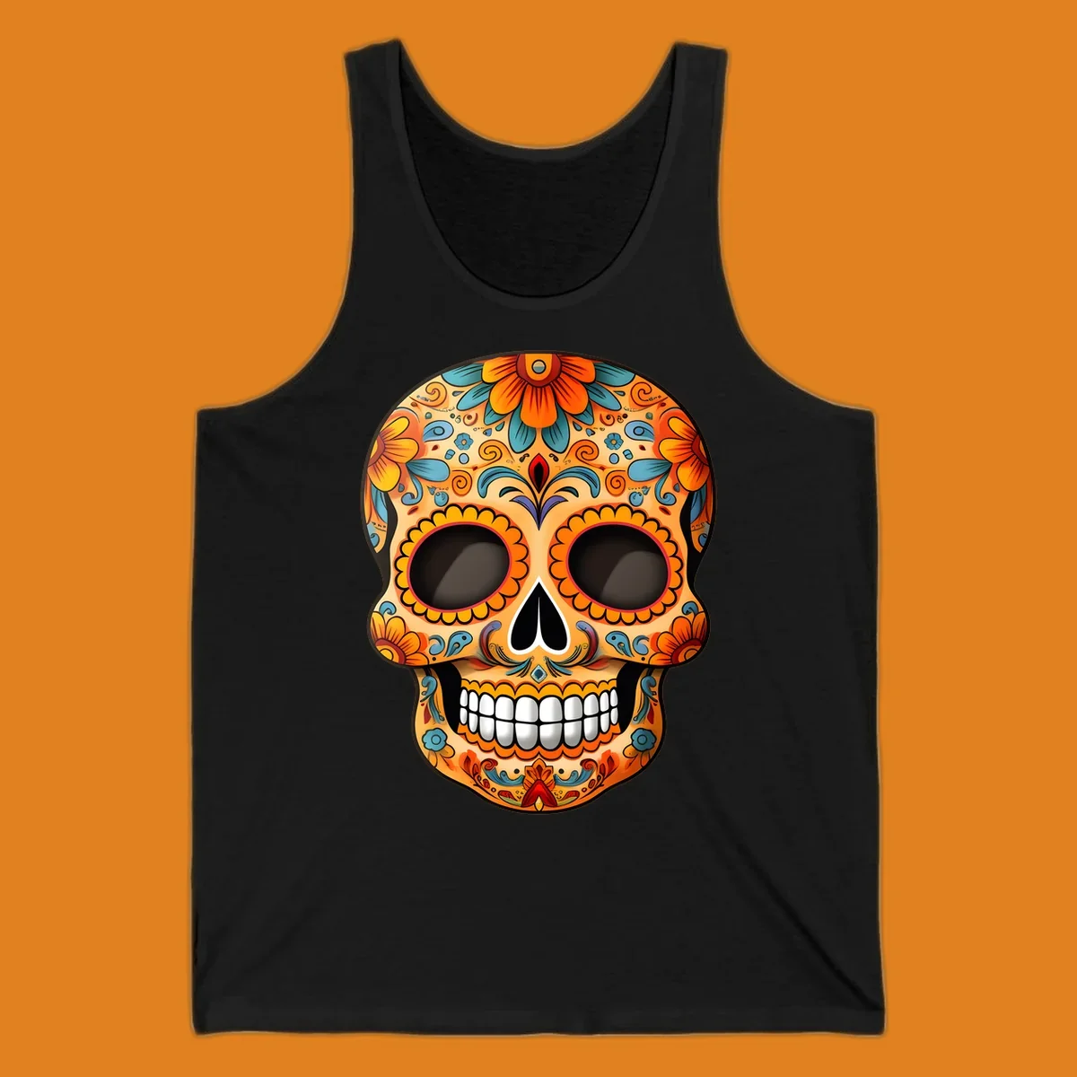 A vibrant floral calavera skull illustration, intricately decorated with orange, yellow, blue, red, and purple patterns.