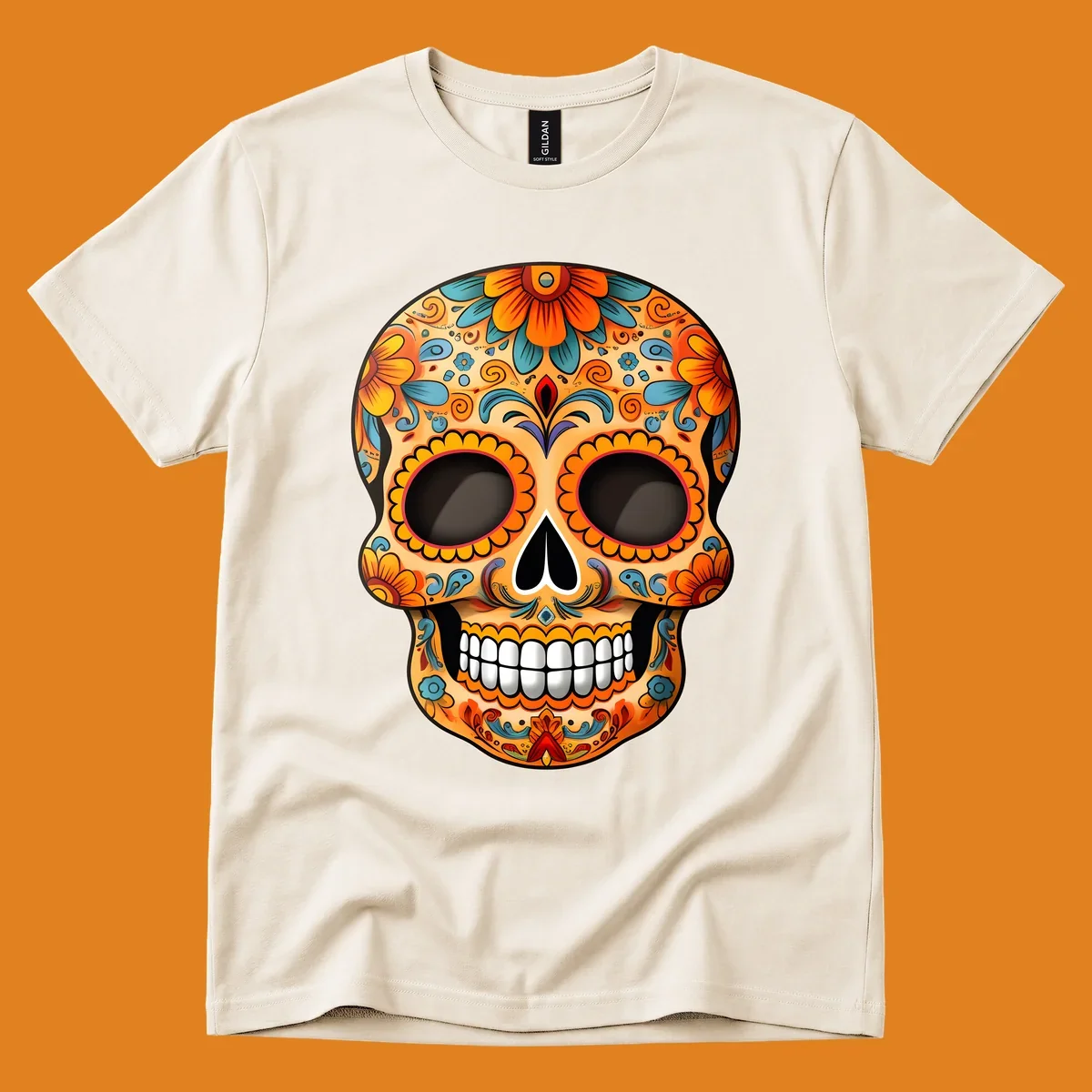 A vibrant floral calavera skull illustration, intricately decorated with orange, yellow, blue, red, and purple patterns.