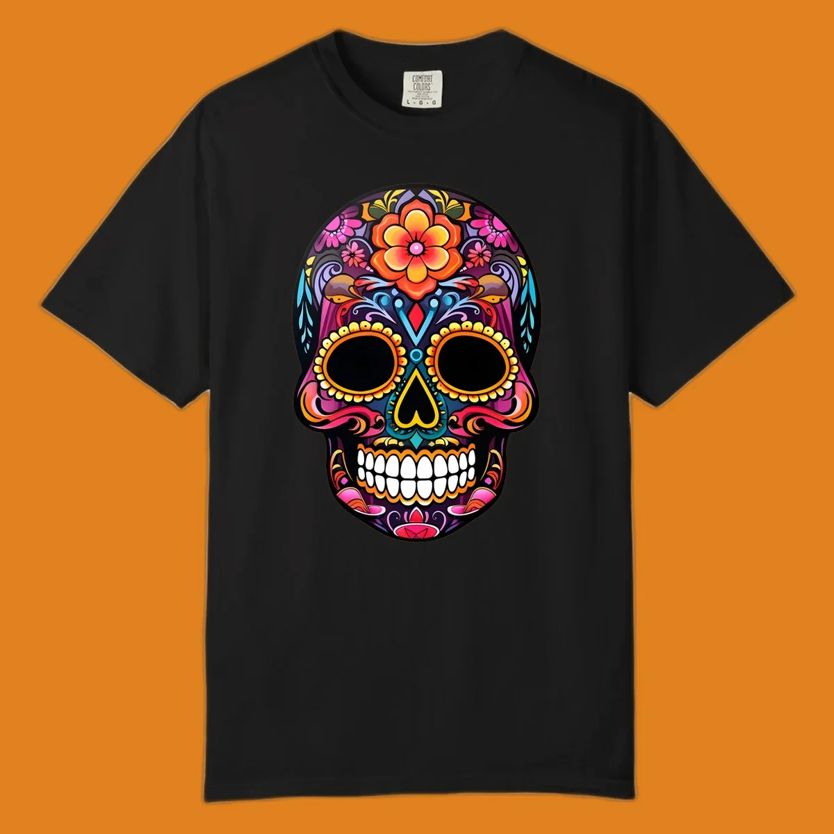 A vibrant floral sugar skull illustration, rich with pink, orange, yellow, and blue patterns, suitable for apparel.