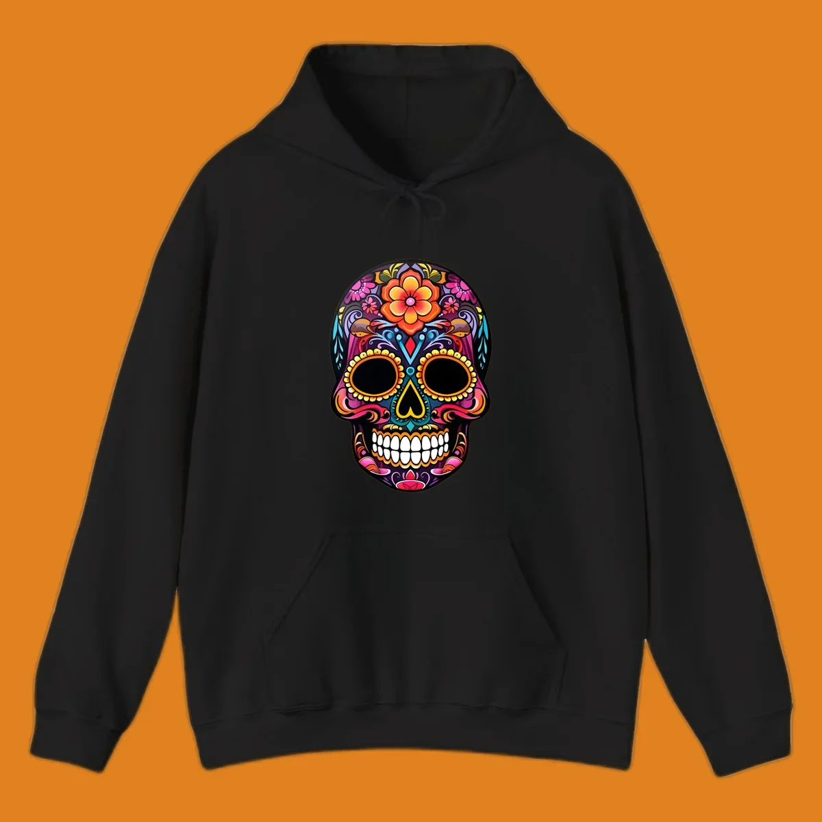 A vibrant floral sugar skull illustration, rich with pink, orange, yellow, and blue patterns, suitable for apparel.