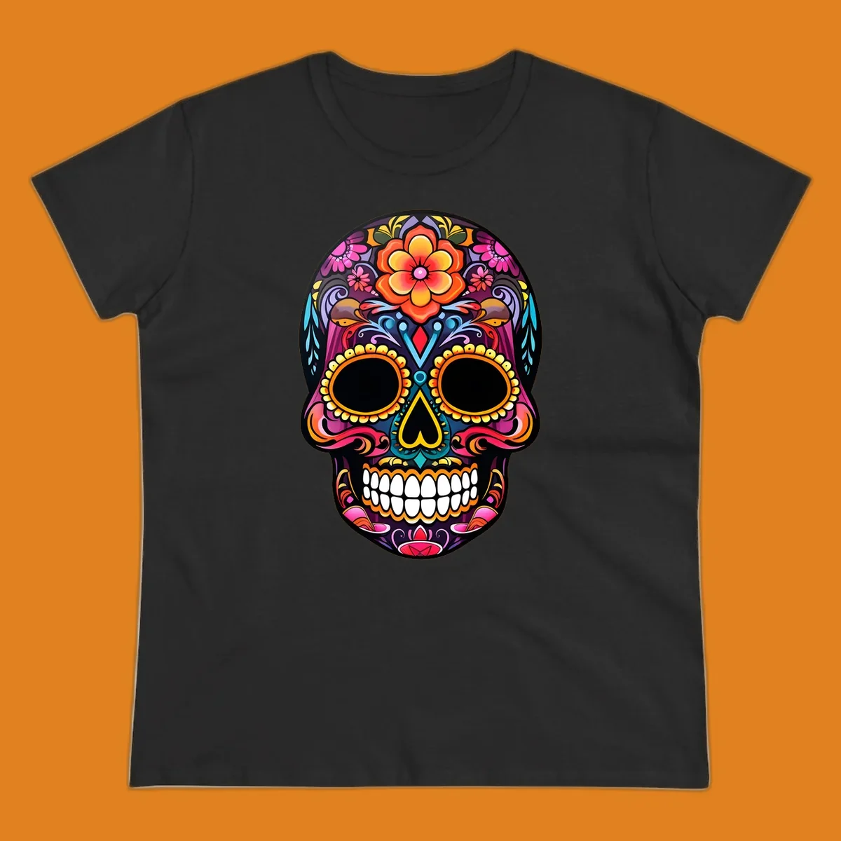 A vibrant floral sugar skull illustration, rich with pink, orange, yellow, and blue patterns, suitable for apparel.