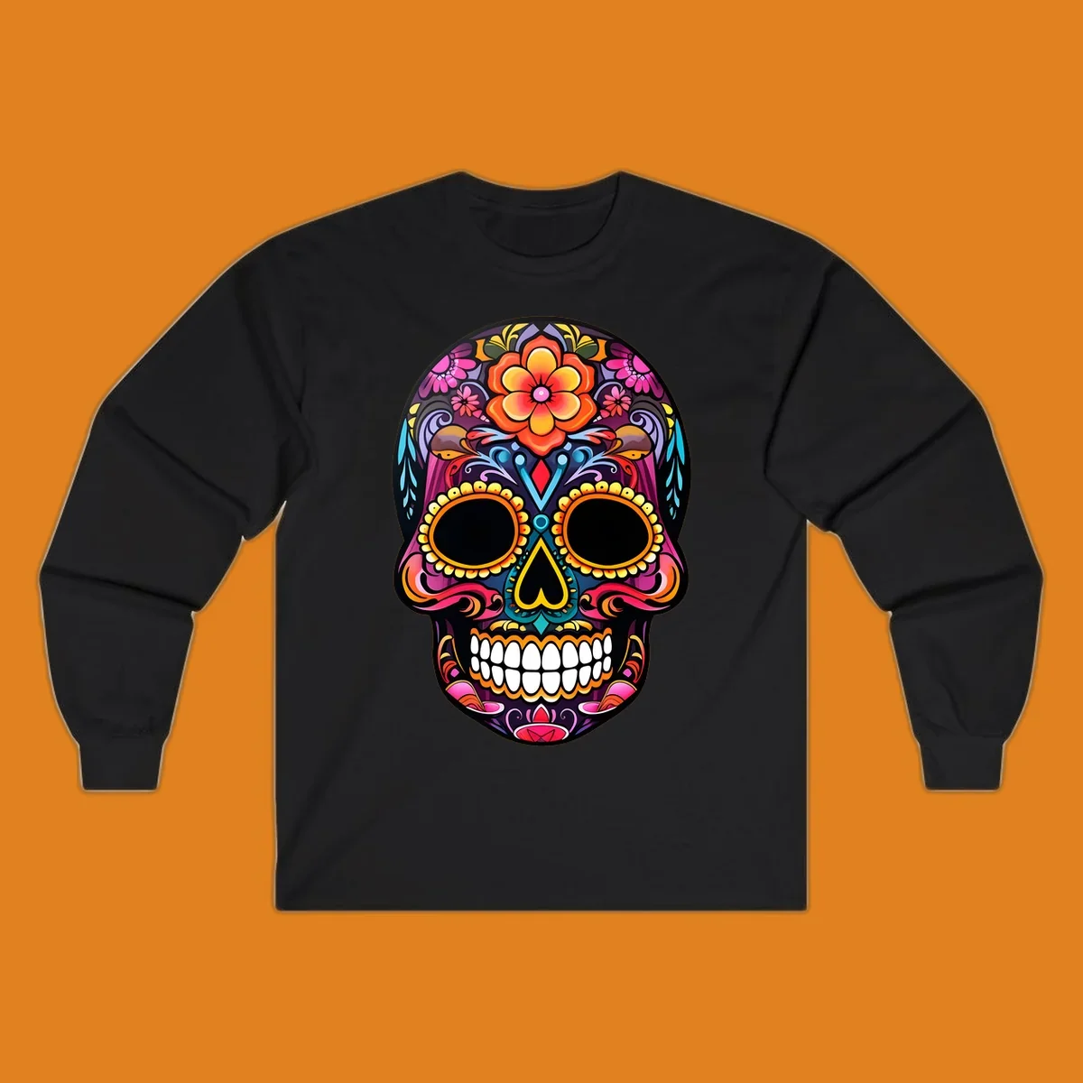 A vibrant floral sugar skull illustration, rich with pink, orange, yellow, and blue patterns, suitable for apparel.