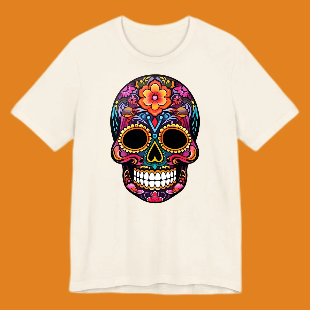 A vibrant floral sugar skull illustration, rich with pink, orange, yellow, and blue patterns, suitable for apparel.