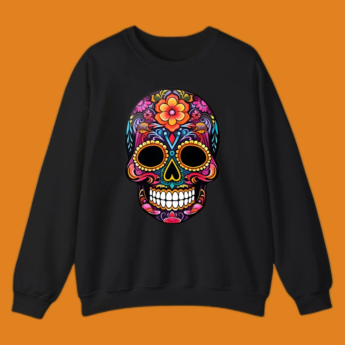 A vibrant floral sugar skull illustration, rich with pink, orange, yellow, and blue patterns, suitable for apparel.