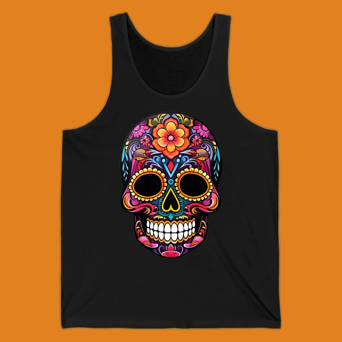 A vibrant floral sugar skull illustration, rich with pink, orange, yellow, and blue patterns, suitable for apparel.