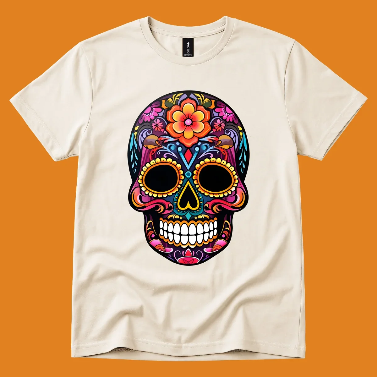 A vibrant floral sugar skull illustration, rich with pink, orange, yellow, and blue patterns, suitable for apparel.